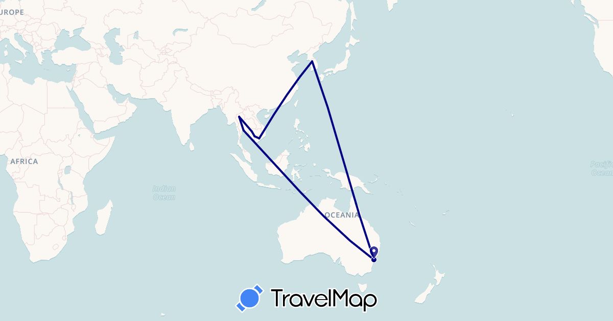 TravelMap itinerary: driving in Australia, Cambodia, South Korea, Thailand, Vietnam (Asia, Oceania)